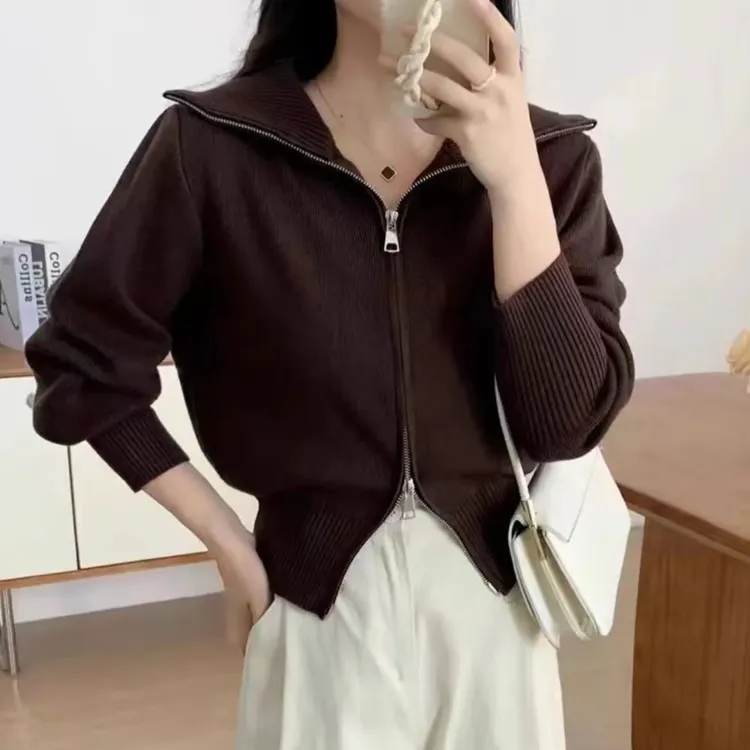 大翻领双头拉链长袖针织衫开衫秋冬毛衣外套新款别致短款显瘦韩版