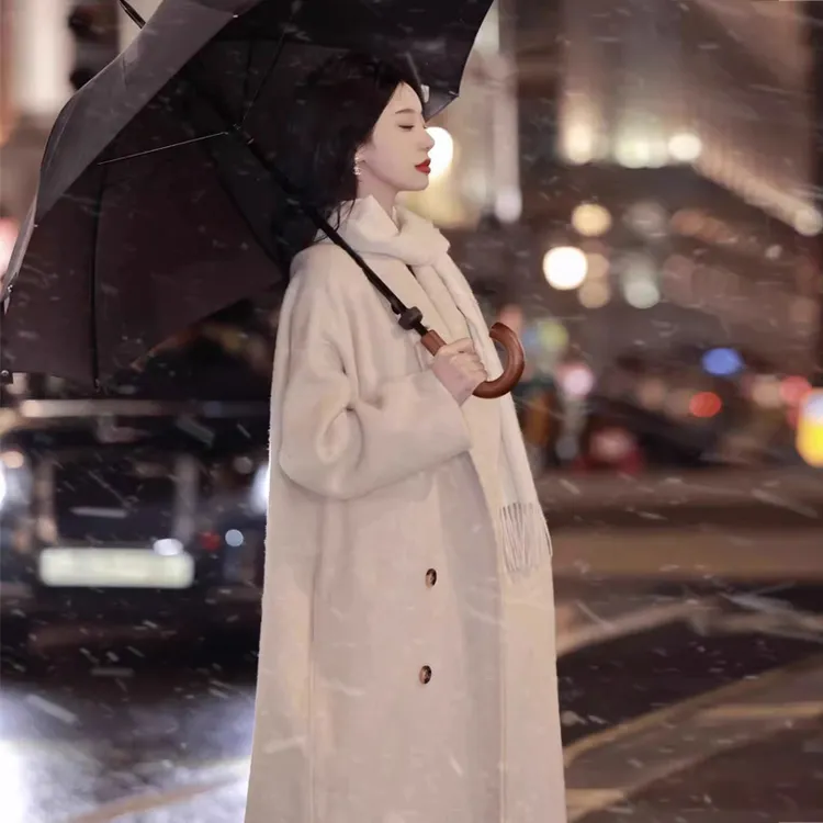 羽绒保暖内胆呢子大衣女高级感冬季新款韩版中长款双面呢毛呢外套