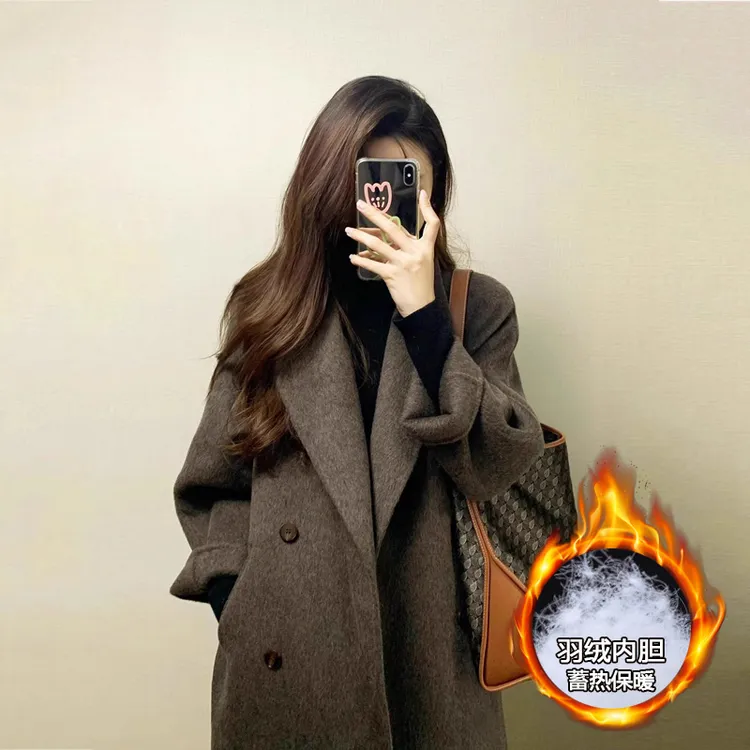 美拉德咖内胆羽绒呢子大衣女小个子今年流行加厚双面呢子毛呢外套