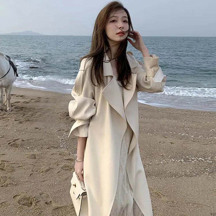 米白色风衣外套女2025春秋新款韩系宽松小个子中长款气质百搭大衣