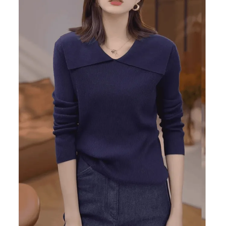 大翻领红色针织衫女秋季套头毛衣打底衫2025年新款长袖修身上衣