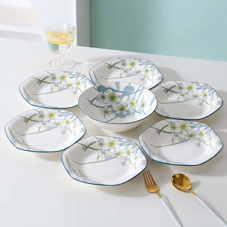 水仙花六角盘6个+8英寸汤碗1个陶瓷盘子餐具套装