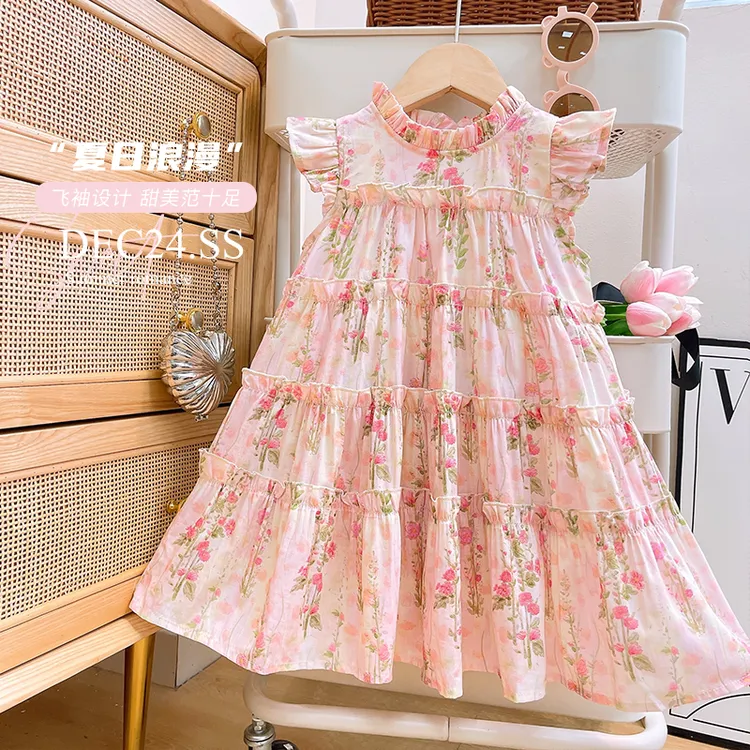 女童碎花棉质连衣裙2024夏季新款宝宝时尚甜美飞袖公主裙子AXA893