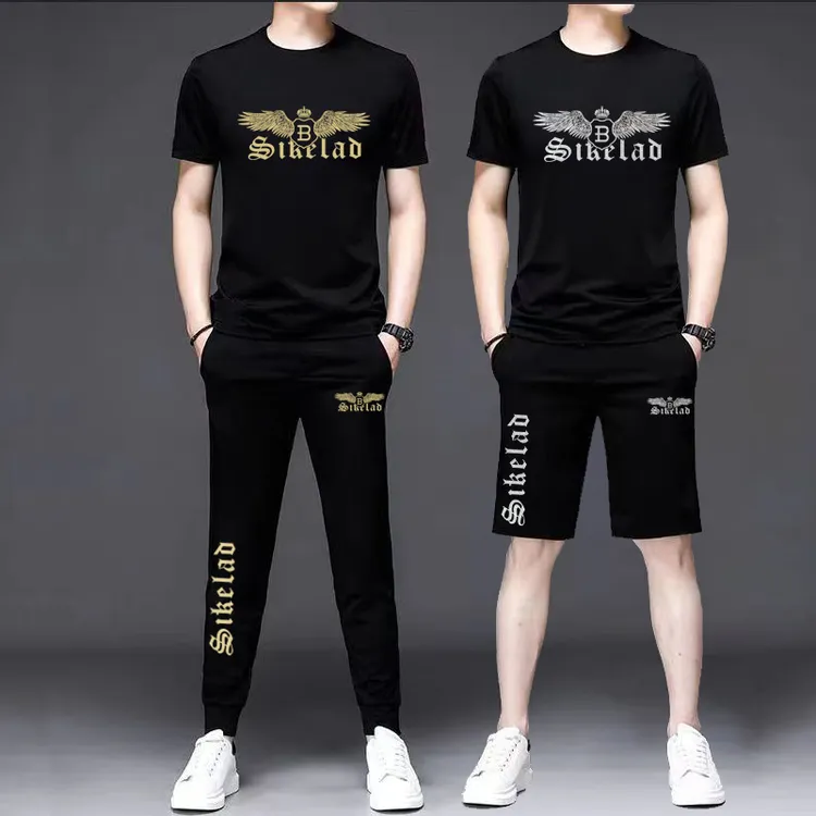 夏季男士高档莱卡棉t恤套装休闲潮流短袖短裤长裤时尚透气运动套