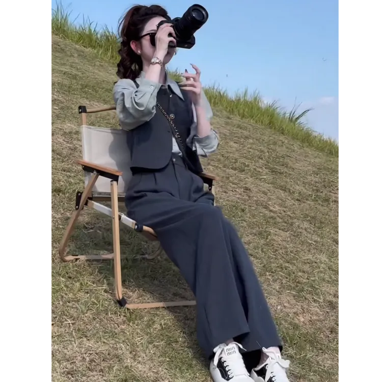 小个子马甲气质轻熟风轻职衬衫洋气阔腿裤西装时尚套装6353