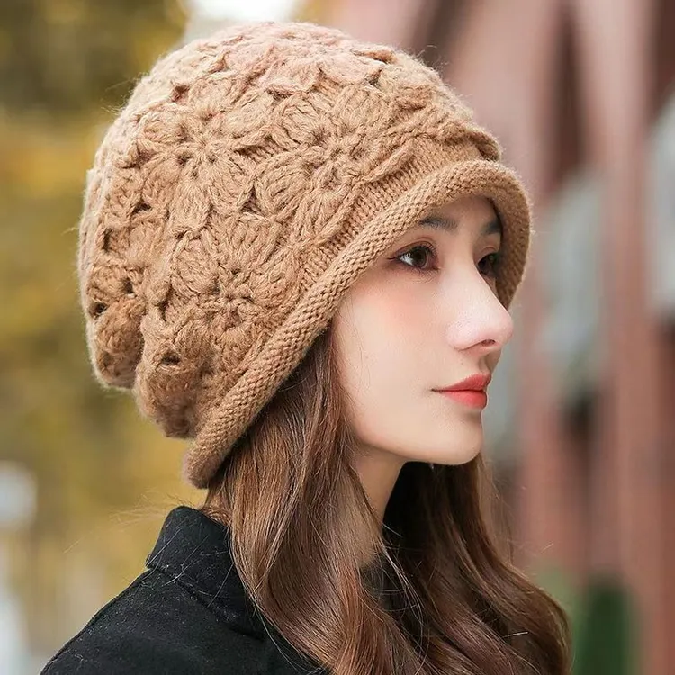 手工钩花双层保暖包头帽冬季加厚帽子女新款民族风针织毛线堆堆帽