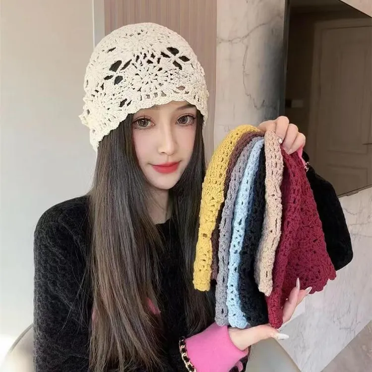 日系手工编织包头帽子女春夏薄款镂空毛线帽复古文艺针织帽堆堆帽
