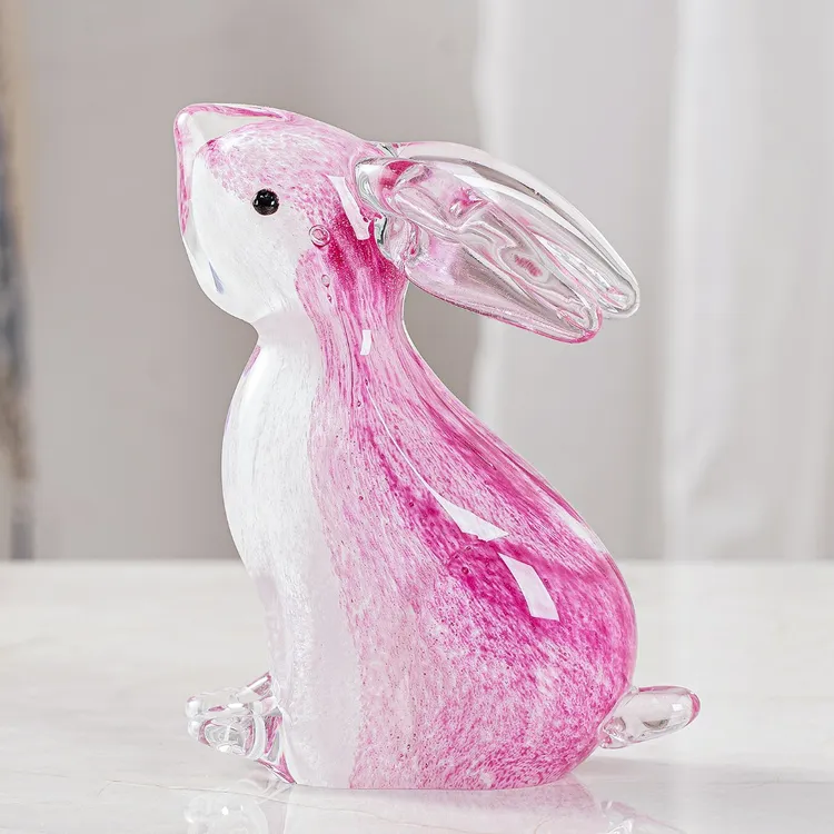 美荷手工琉璃【粉色兔子】摆件手工工艺品 轻奢 客厅茶几 家居软装