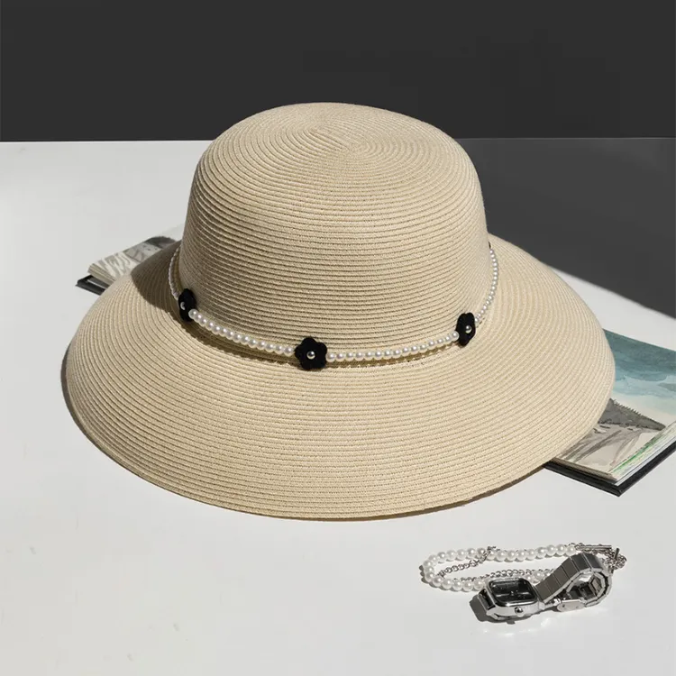 疯帽子 法式优雅珍珠盆帽渔夫帽夏季透气遮阳出游宽檐草帽新款
