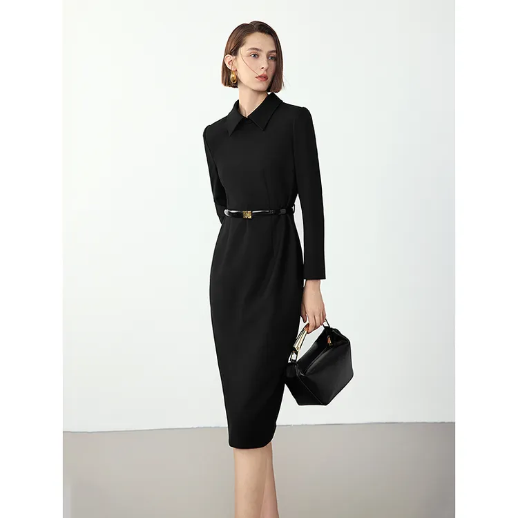 朗姿气质小黑裙2024年冬季新款设计感衬衫领收腰显瘦中长款连衣裙