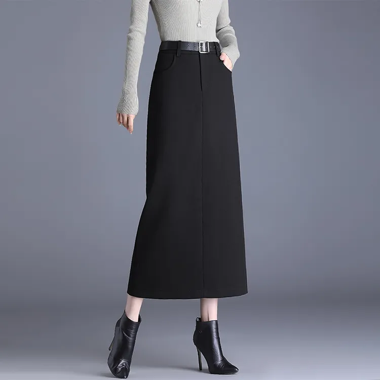 黑色半身裙女春秋新款长款一步裙开叉包臀裙西裙及踝百搭长裙秋款