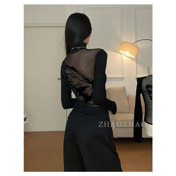 辣妹蝴蝶植绒印花设计感长袖上衣秋冬高领内搭