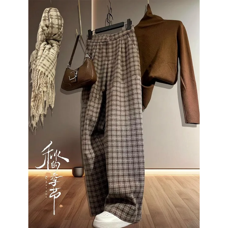 卡其色慵懒休闲裤女秋冬新款胖mm大码梨形身材显瘦宽松毛呢阔腿裤