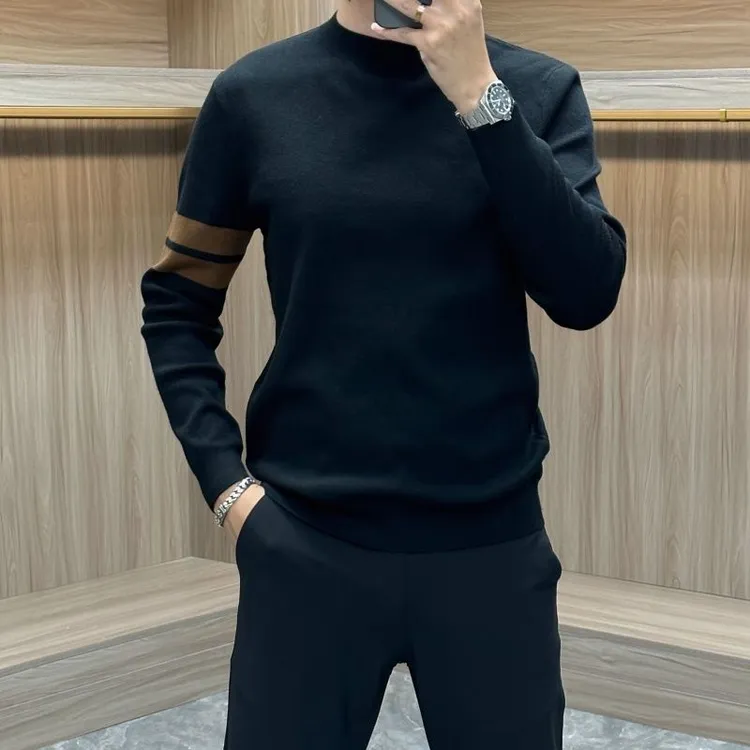 轻奢简约圆领条纹修身秋冬打底衫男士潮牌高端休闲套头长袖针织衫