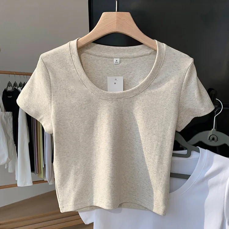 夏季修身上衣棉质小个子短款恤女短袖麻灰圆领露脐高腰设计感百搭