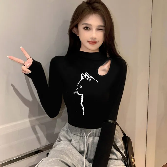 半高领长袖印花猫咪打底衫女秋冬百搭洋气黑色镂空上衣内搭高档潮
