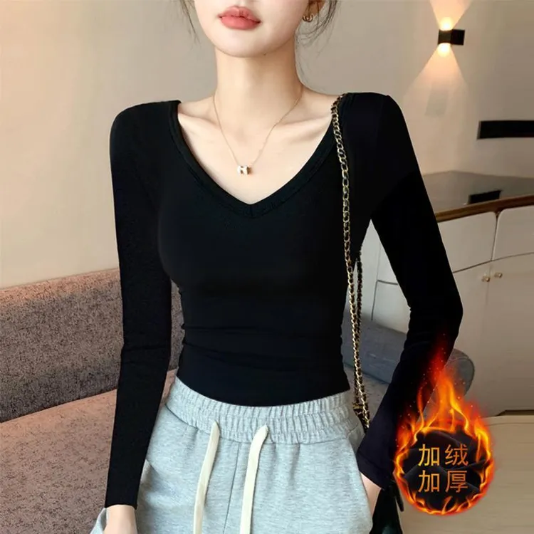 打底衫女秋冬内搭长袖洋气加厚2024新款德绒保暖百搭V领上衣显瘦T