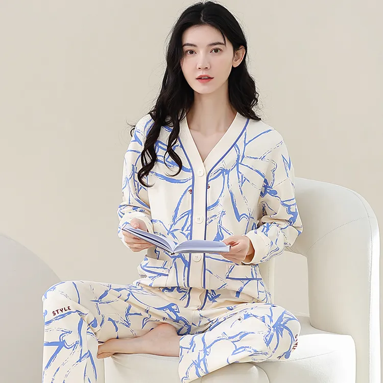 秋季女睡衣新中式纯棉长袖和服v领休闲针织春秋季国风家居服套装
