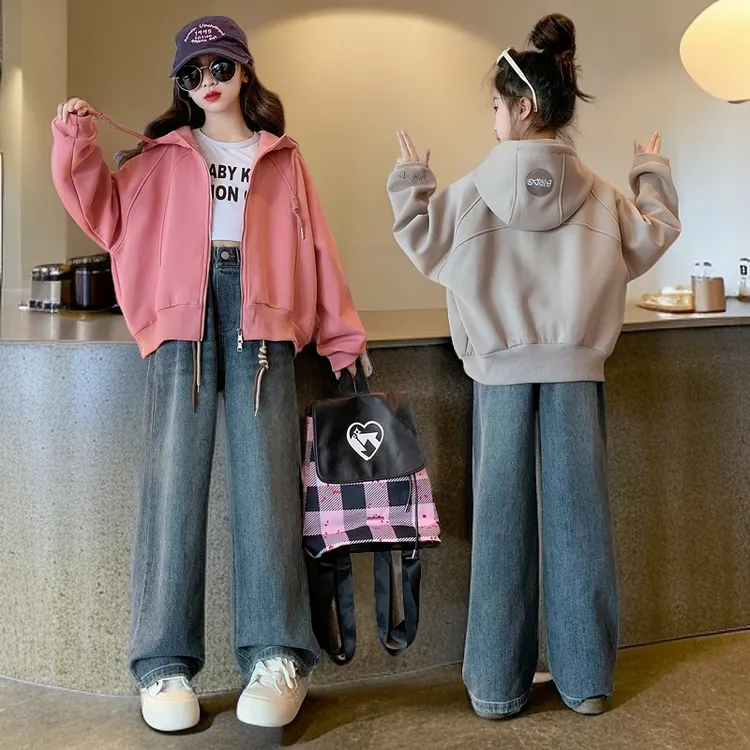 女童套装2024新款儿童洋气韩版宽松连帽外套两件套中大童春秋时髦