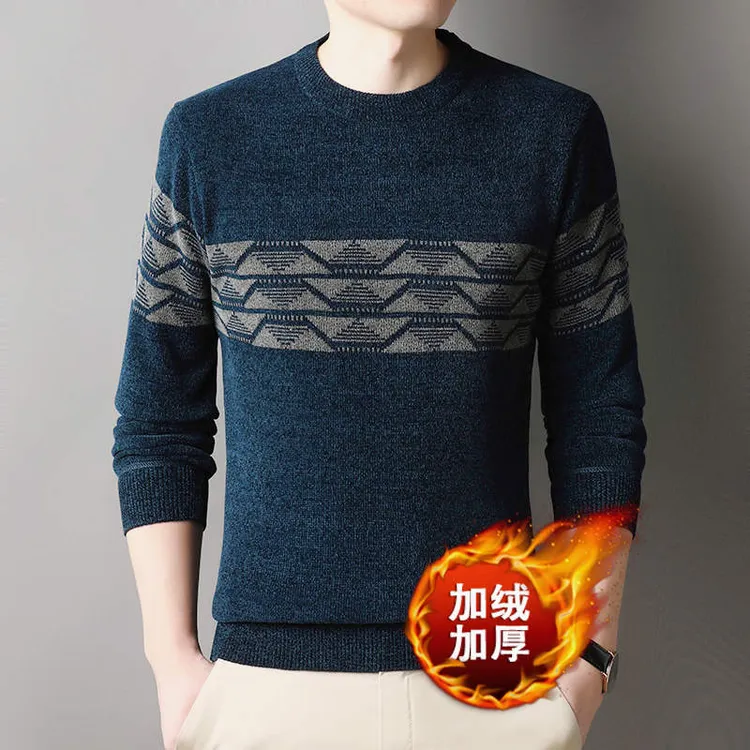 雪尼尔秋冬中老年加绒加厚圆领男士毛衣宽松大码针织衫打底衫男装