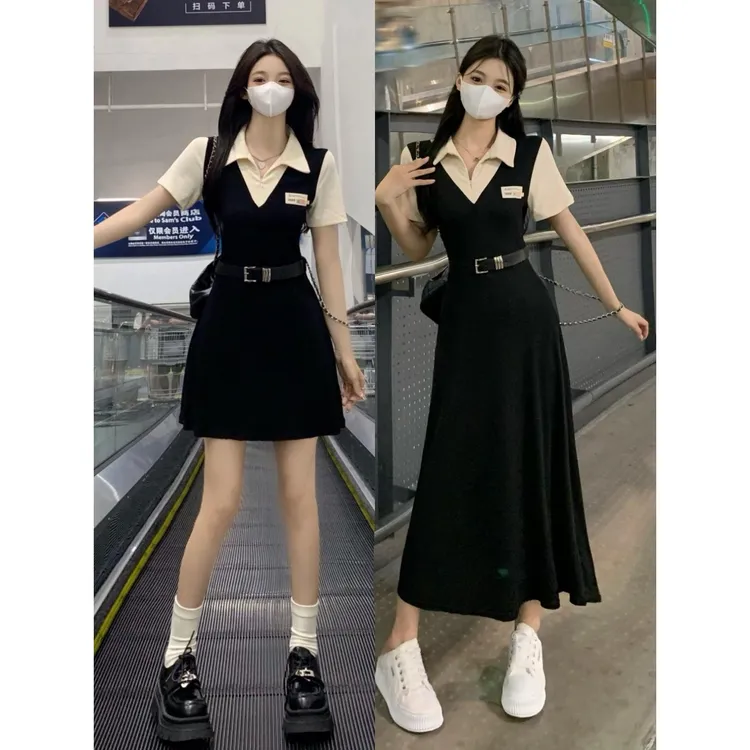 2025夏季美式翻领气质短袖连裙女收腰显瘦学院可爱风性感A裙