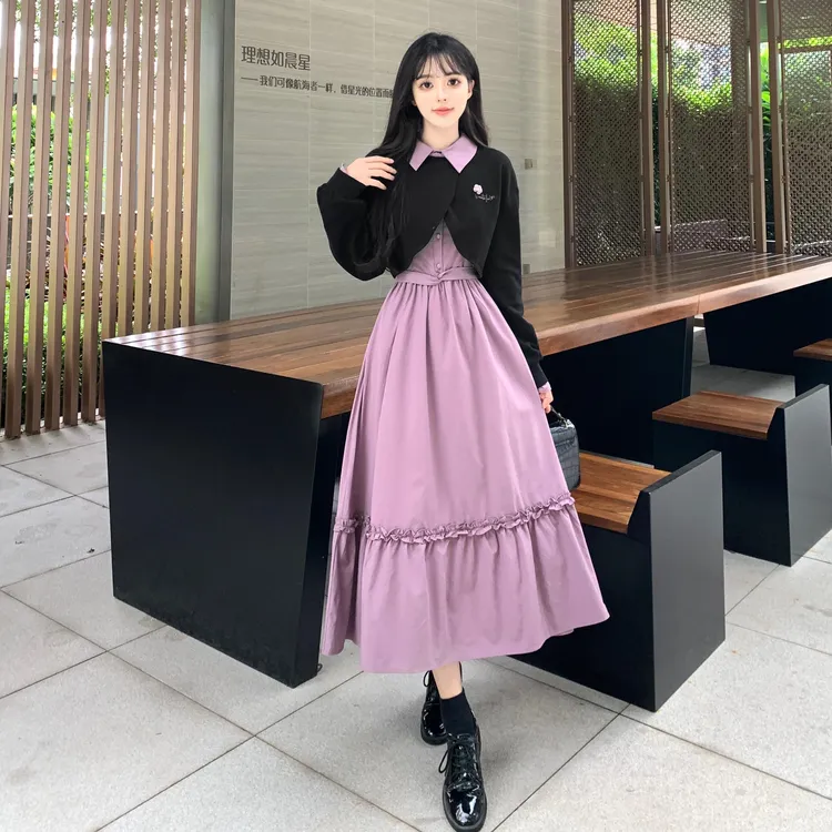 2024柏林微甜秋季新款女黑色短外套紫色显瘦吊带连衣裙两件套