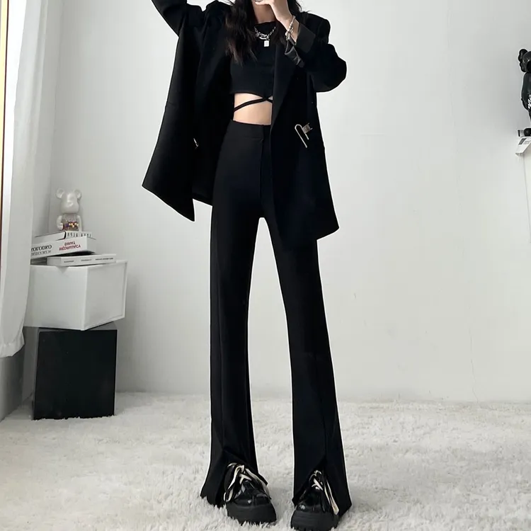 fuccykee秋冬神裤休闲开叉裤微喇显瘦小个子西装高腰黑色阔腿裤子