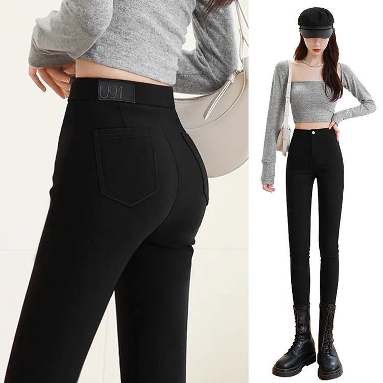 u 91高腰打底裤女秋冬外穿显瘦百搭黑色铅笔裤弹力紧身小脚裤加绒
