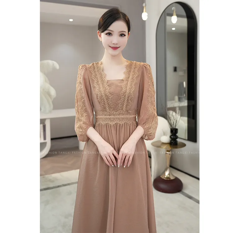 2026夏季新款【X24-X51】法式高级感咖色蕾丝拼接气质连衣裙女