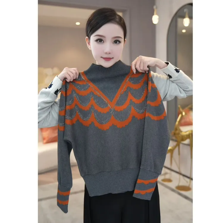 预售2024秋冬新款【LT-D957】含绵羊毛小众气质灰色拼接针织衫毛衣
