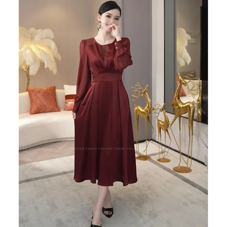 现货2025春秋新款【Q24-Q732】法式气质小众橘红色法式复古连衣裙子