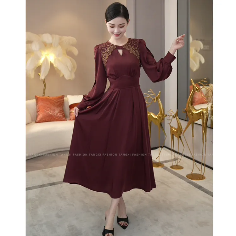 现货2025秋季新款【X24-Q243】高级女装气质酒红色时尚显瘦连衣裙子