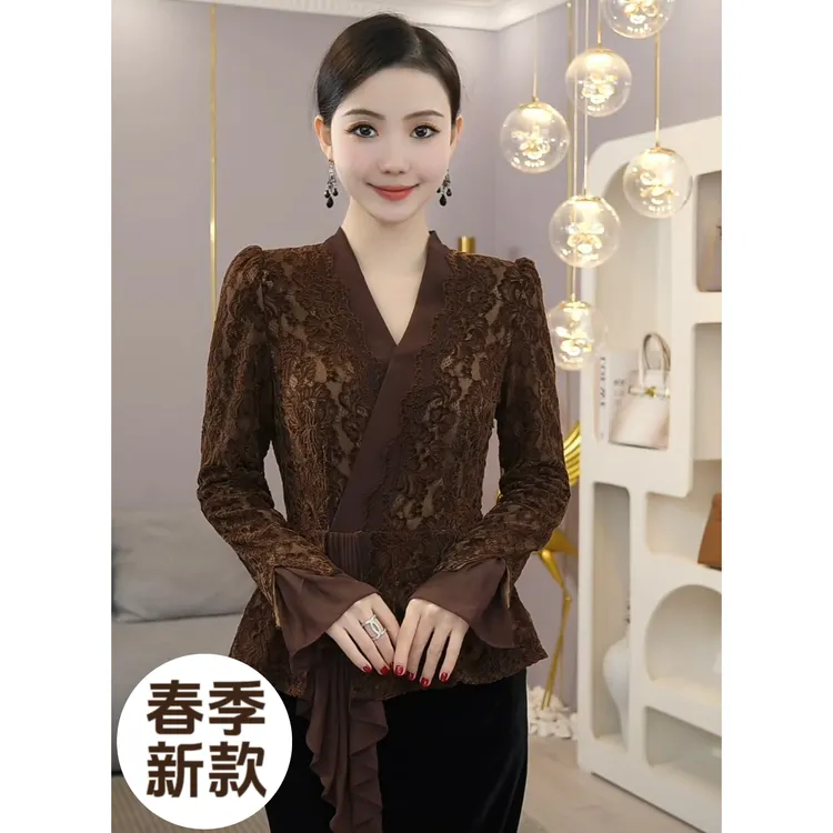 薄款现货2025年【CHUN-ZM23-Q200】高级感气质女装棕色高雅时尚上衣