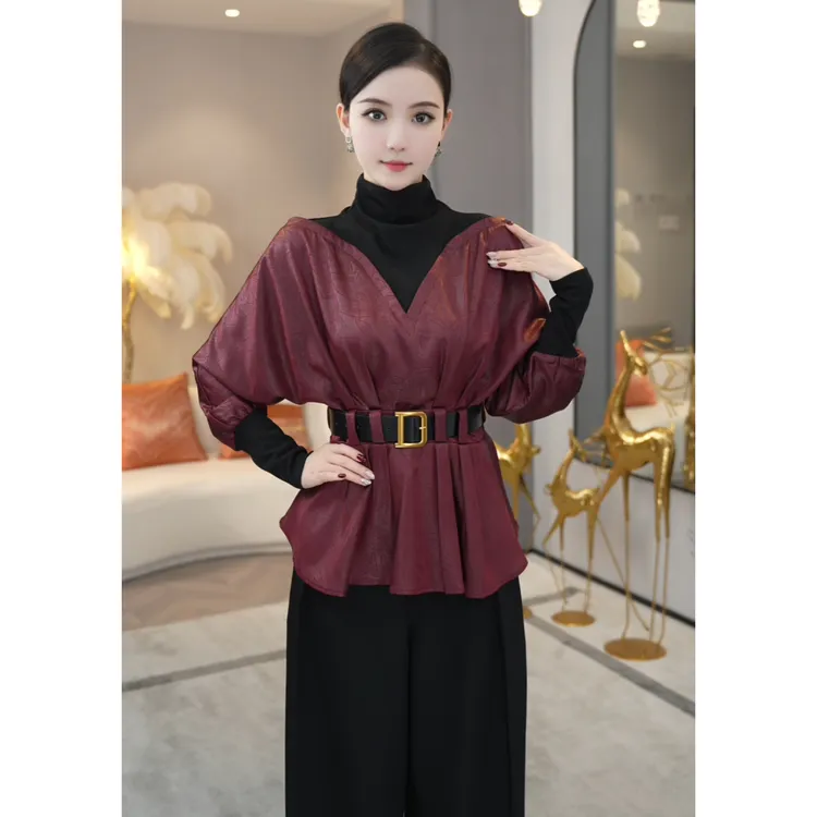 现货2025秋冬新款【H24-Q191】时尚轻奢假两件设计酒红色衬衫上衣女