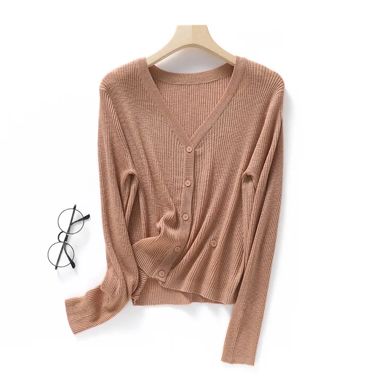 针织竹节麻开衫薄款女v领亚麻长袖防晒衫夏季短款针织外搭开衫