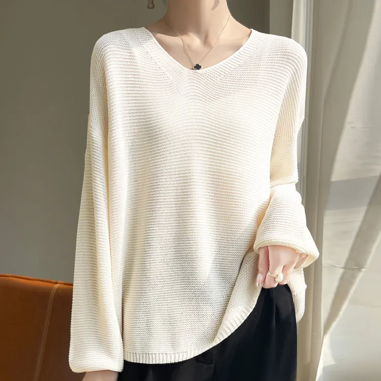 春秋新款亚麻针织衫女V领气质慵懒显瘦打底长袖套衫宽松显瘦上衣