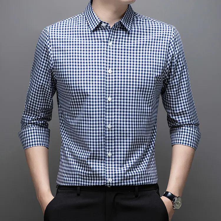 【专柜正品】春秋季新款男士纯棉无痕格子衬衫商务休闲长袖时尚中年