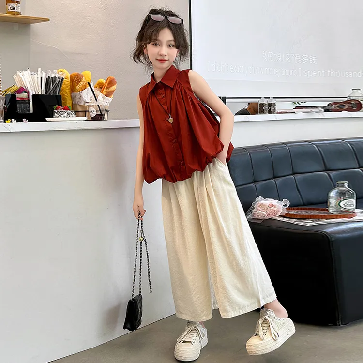 女童夏装套装2025新款洋气大童女孩无袖衬衫夏季儿童阔腿裤两件套