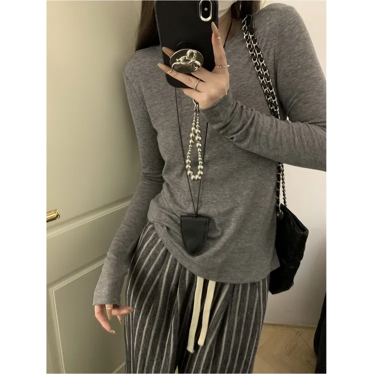 YIBAN 软糯天丝Y毛圆领长袖打底衫纯色简约亲肤舒适内搭上衣