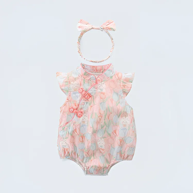 婴儿包屁衣碎花公主国风新生儿女宝无袖洋气薄款婴童百天连体衣