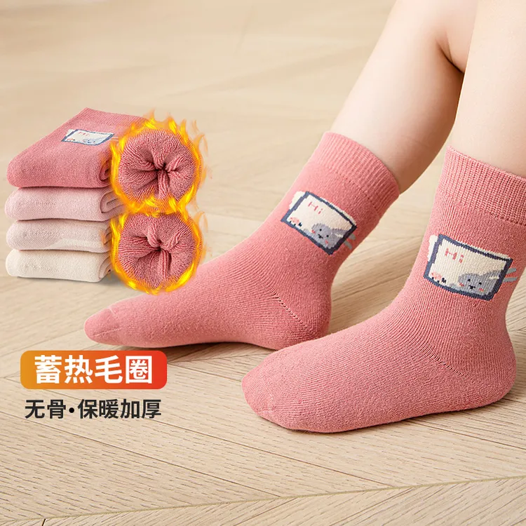 六指鼠无骨儿童袜子女童宝宝中筒棉袜秋冬季中大童加厚保暖毛圈袜