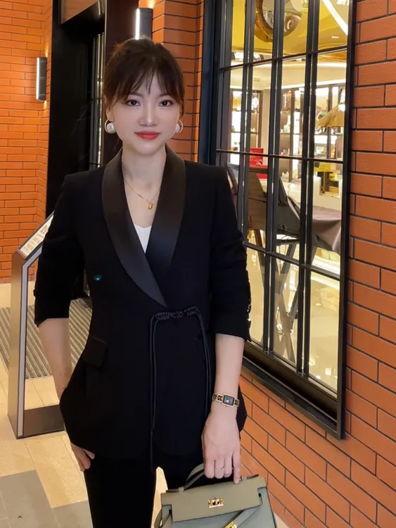Q1018小个子小西装外套女春装新款黑色系带盘扣显瘦阔腿西服套装