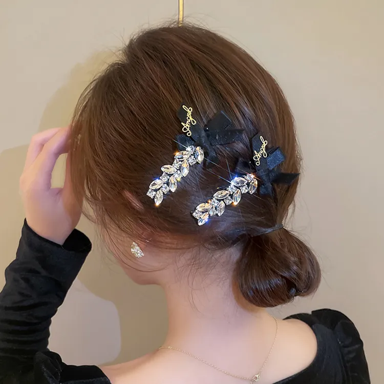 2025网红轻奢简约水晶蝴蝶结发夹蝴蝶结鸭嘴夹边夹高级感带钻发夹