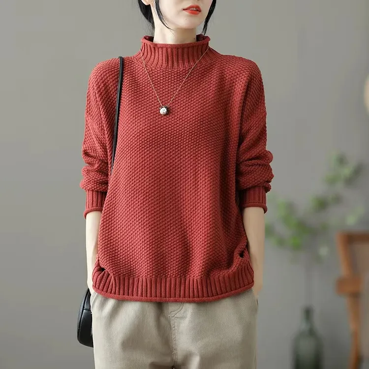 复古半高领长袖针织衫女士打底衫内搭红色上衣秋冬新款宽松毛衣女