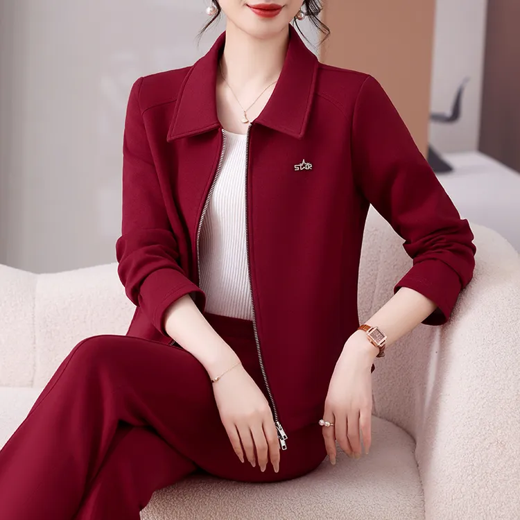 休闲运动套装女秋季新款两件套韩版洋气宽松大码翻领外套妈妈套装