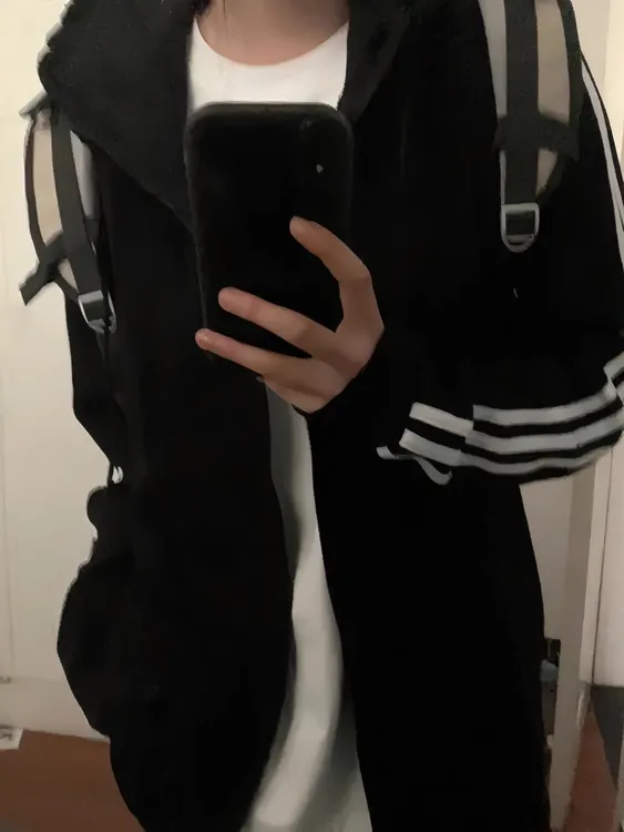 三条杠黑色连帽卫衣女秋冬加绒加厚学生情侣宽松休闲运动开衫外套