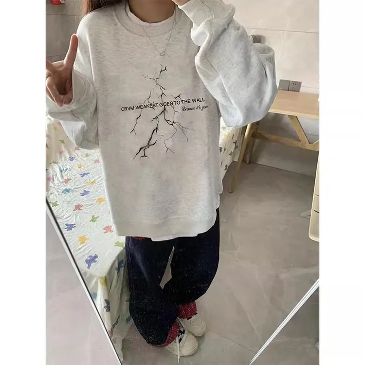 美式复古灰色圆领卫衣女秋冬加绒慵懒风宽松oversize无帽长袖上衣