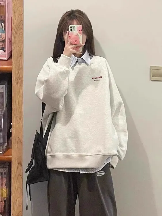 灰色圆领卫衣女秋冬加绒厚美式港风学生情侣宽松oversize无帽上衣