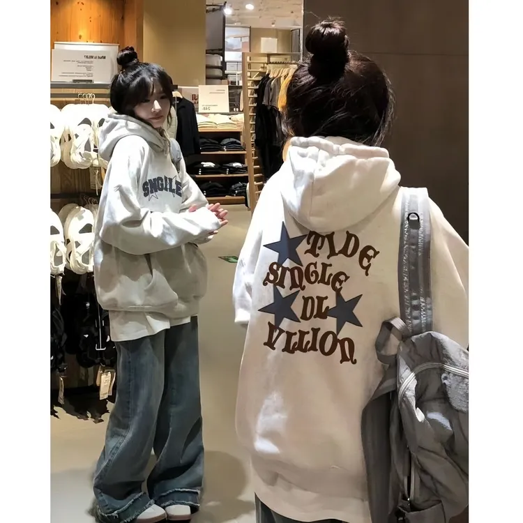 美式高街灰色连帽卫衣女秋冬加绒加厚学生小个子宽松oversize外套