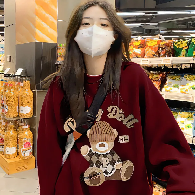 酒红色纯棉圆领卫衣女秋冬韩版学生宽松慵懒风加绒加厚长袖上衣潮